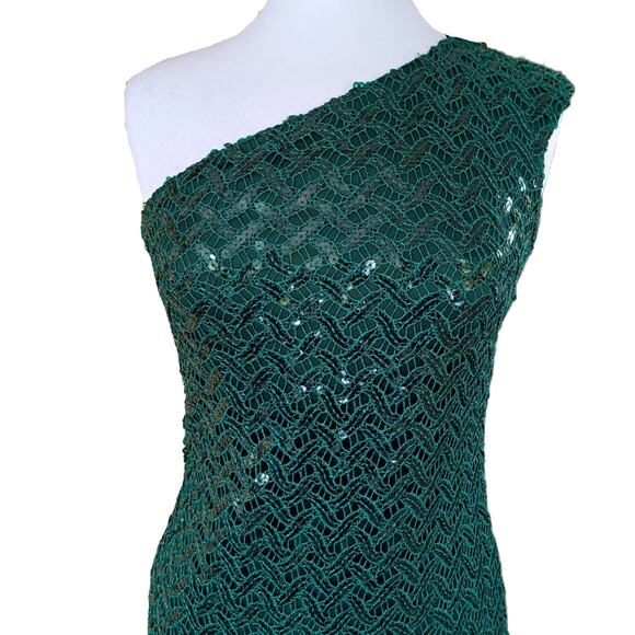 DAVID MEISTER One-Shoulder Sequin Lace Cocktail Sheath Dress Sz 6 Emerald Green - Picture 3 of 10